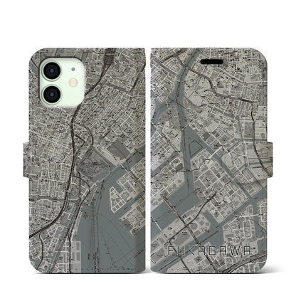 【深川（東京都）】地図柄iPhoneケース（手帳タイプ）モノトーン・iPhone 12 mini 用