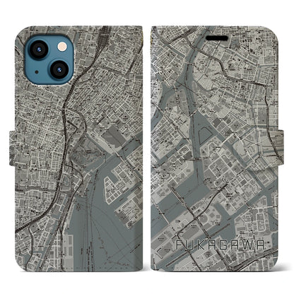 【深川（東京都）】地図柄iPhoneケース（手帳タイプ）モノトーン・iPhone 13 用