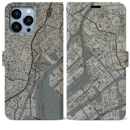 【深川（東京都）】地図柄iPhoneケース（手帳タイプ）モノトーン・iPhone 13 Pro Max 用