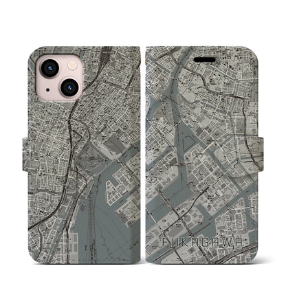 【深川（東京都）】地図柄iPhoneケース（手帳タイプ）モノトーン・iPhone 13 mini 用