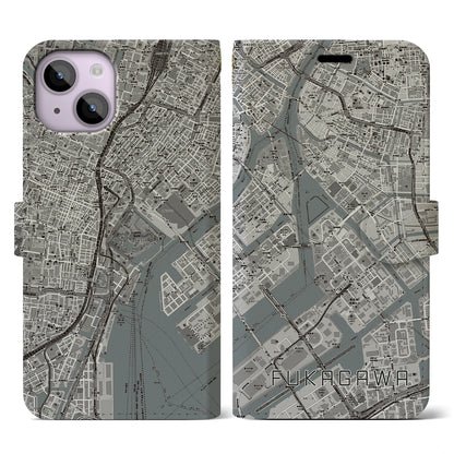 【深川（東京都）】地図柄iPhoneケース（手帳タイプ）モノトーン・iPhone 14 用