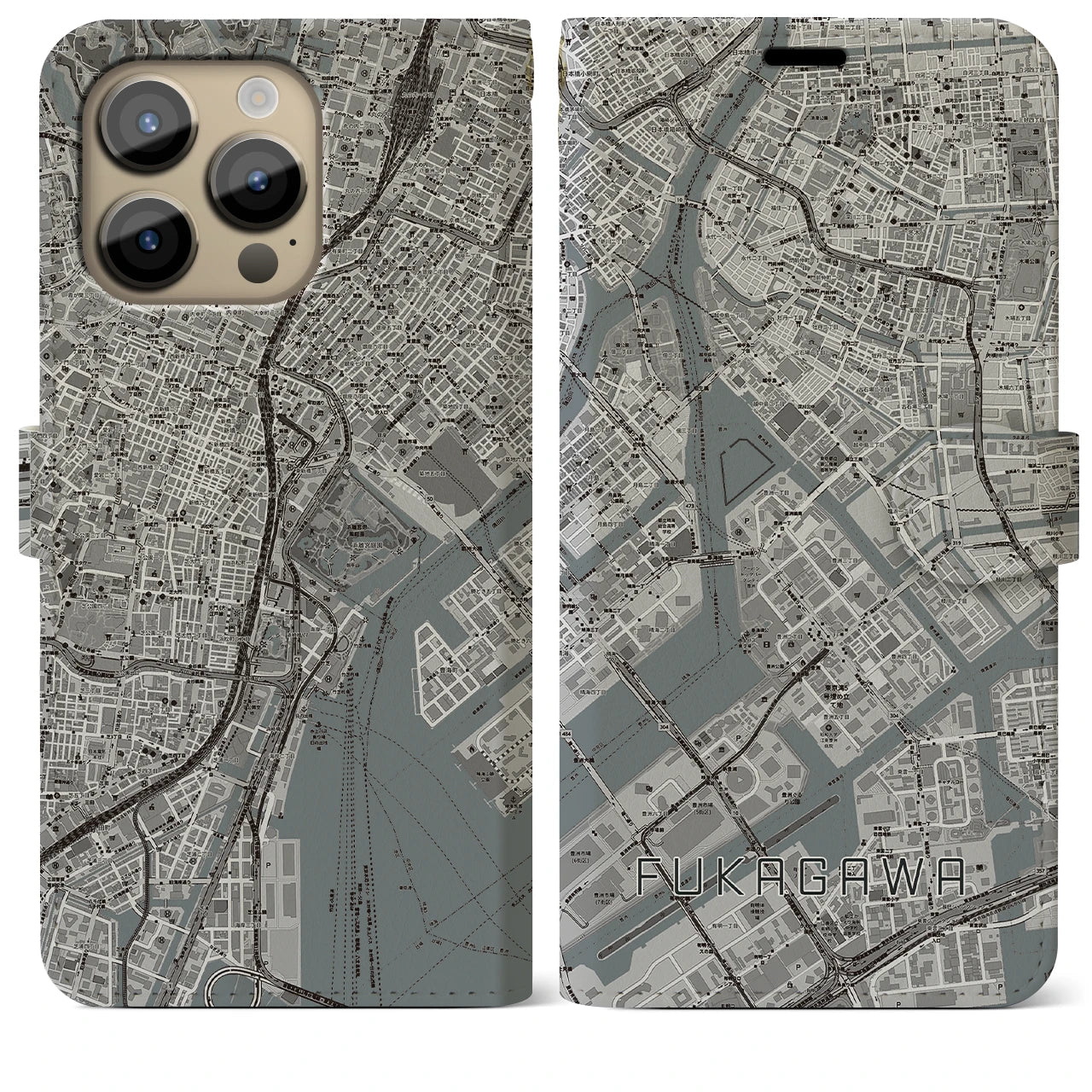 【深川】地図柄iPhoneケース（手帳両面タイプ・モノトーン）iPhone 14 Pro Max 用