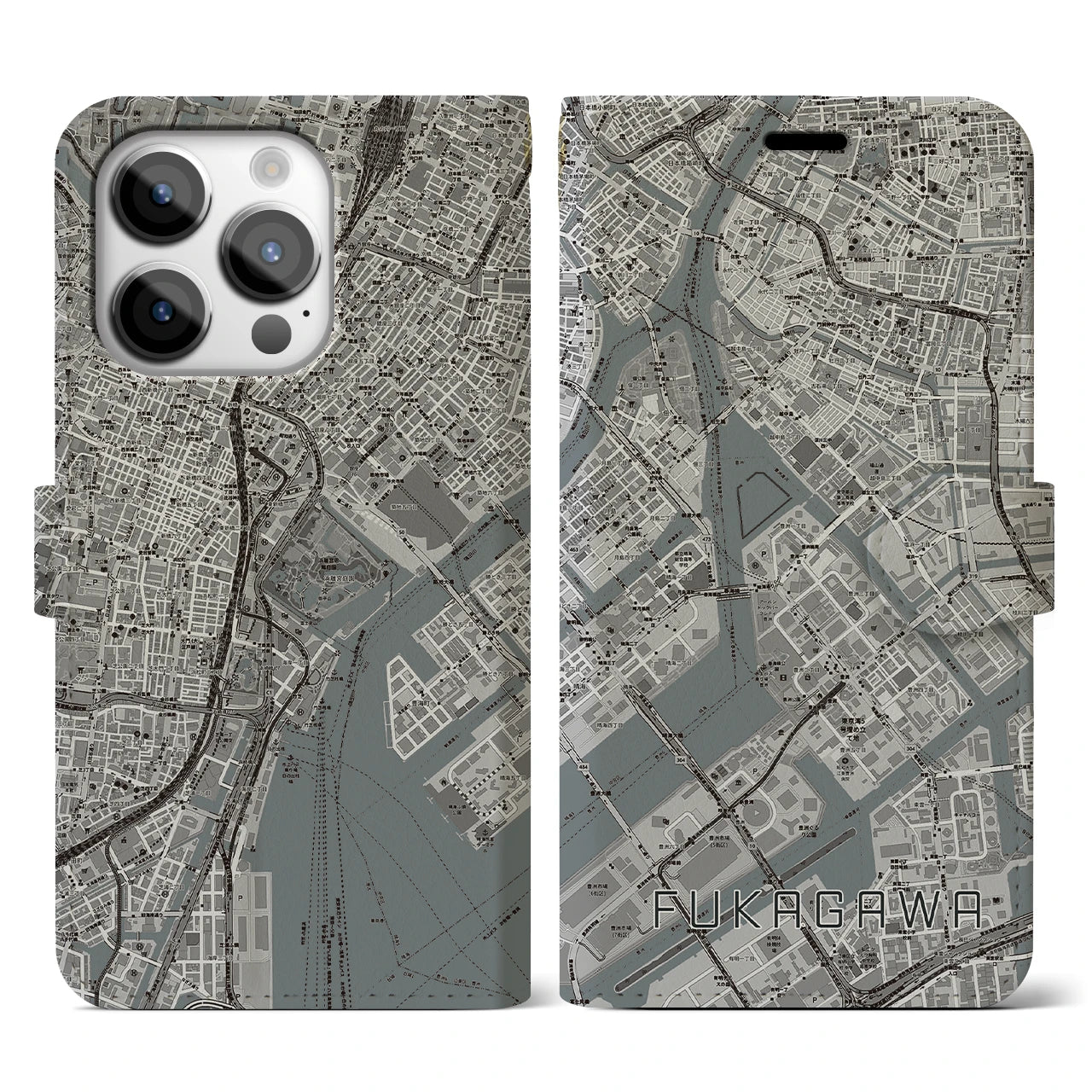 【深川】地図柄iPhoneケース（手帳両面タイプ・モノトーン）iPhone 14 Pro 用