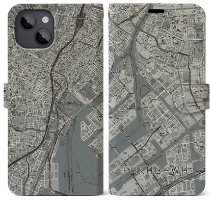 【深川（東京都）】地図柄iPhoneケース（手帳タイプ）モノトーン・iPhone 14 Plus 用