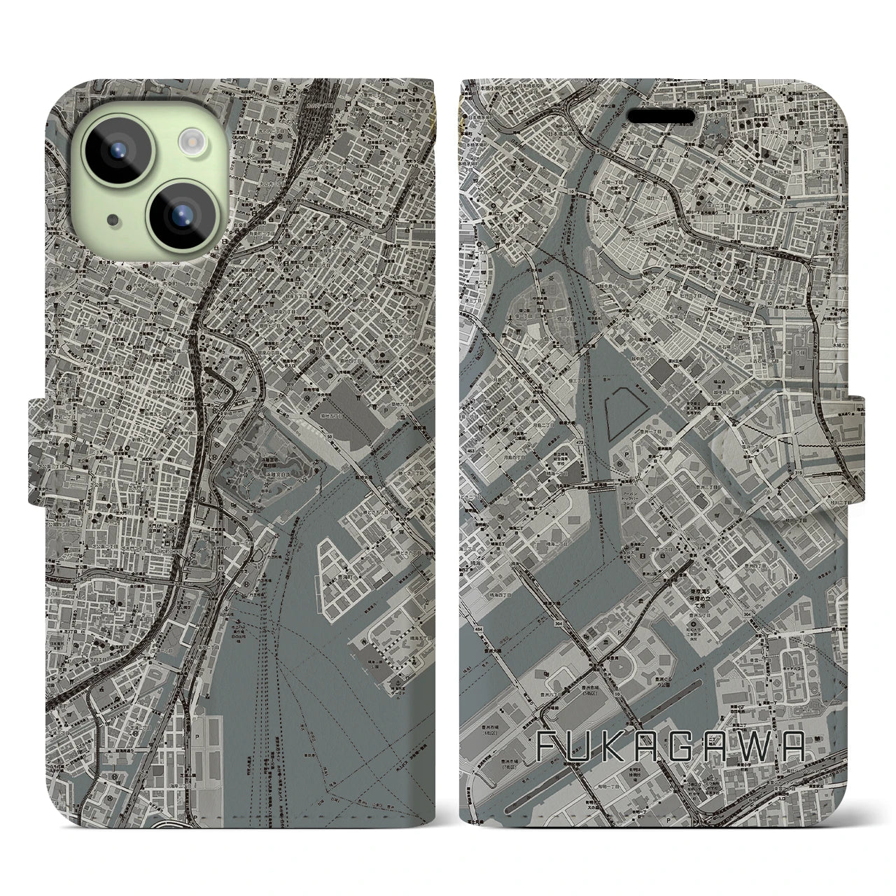 【深川】地図柄iPhoneケース（手帳両面タイプ・モノトーン）iPhone 15 用