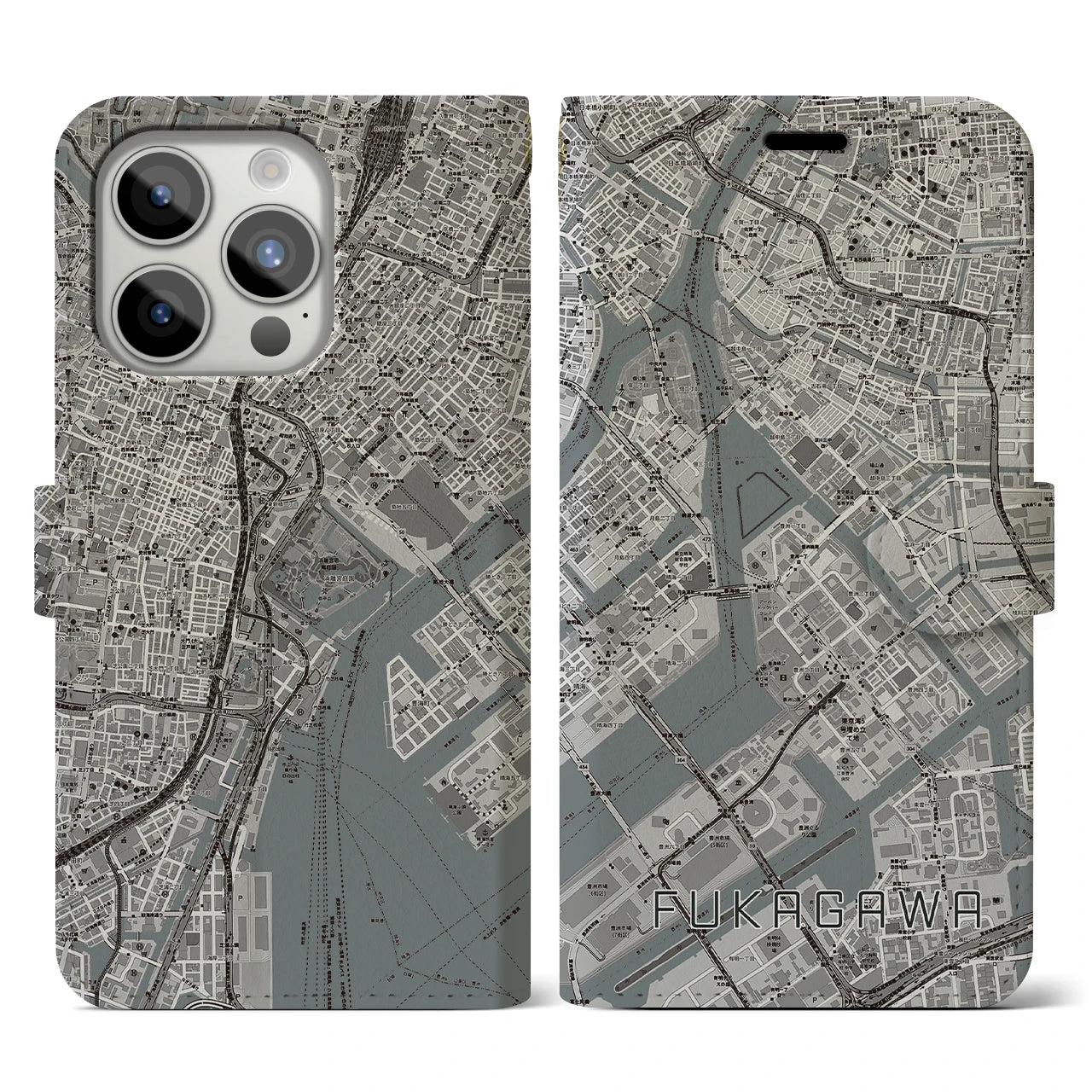 【深川】地図柄iPhoneケース（手帳両面タイプ・モノトーン）iPhone 15 Pro 用