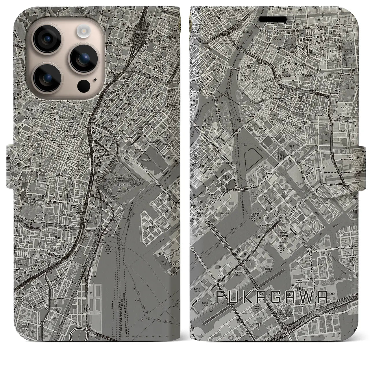 【深川（東京都）】地図柄iPhoneケース（手帳タイプ）モノトーン・iPhone 16 Plus 用