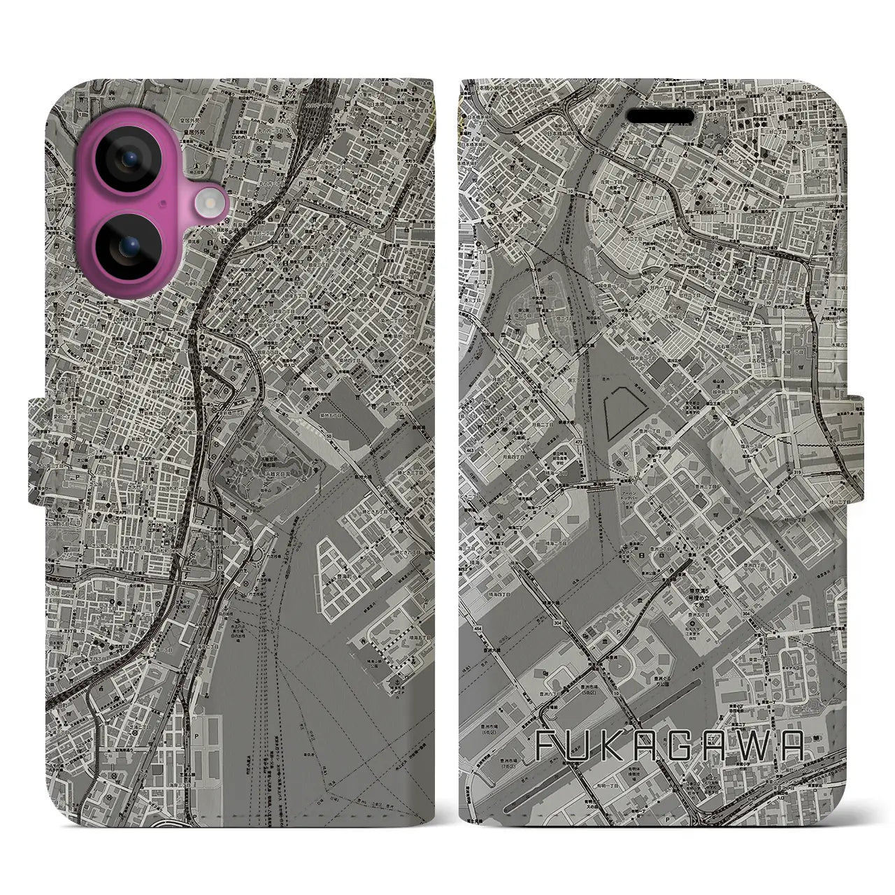 【深川（東京都）】地図柄iPhoneケース（手帳タイプ）モノトーン・iPhone 16 Pro 用