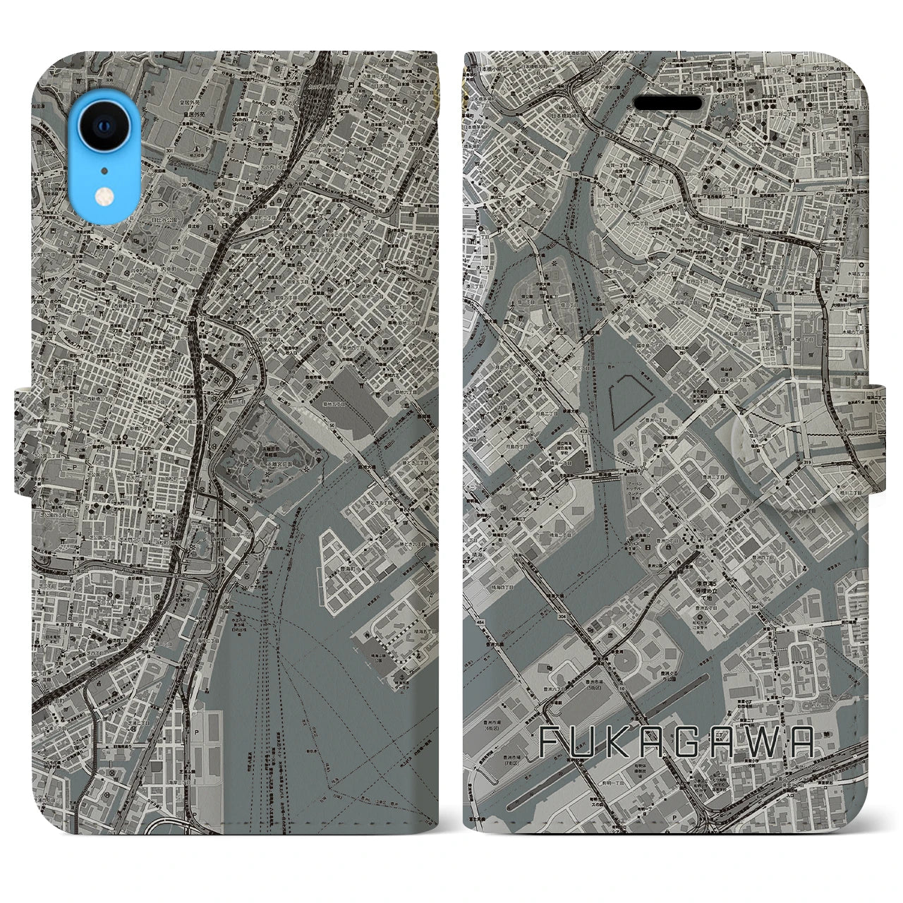 【深川】地図柄iPhoneケース（手帳両面タイプ・モノトーン）iPhone XR 用