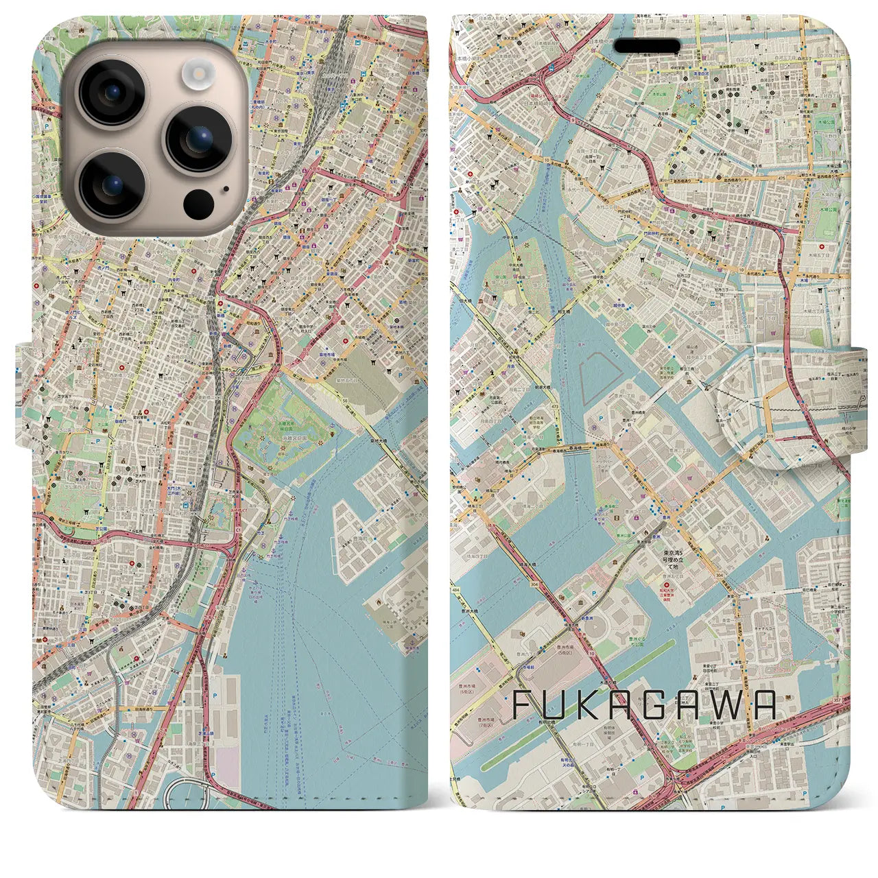 【深川（東京都）】地図柄iPhoneケース（手帳タイプ）ナチュラル・iPhone 16 Plus 用