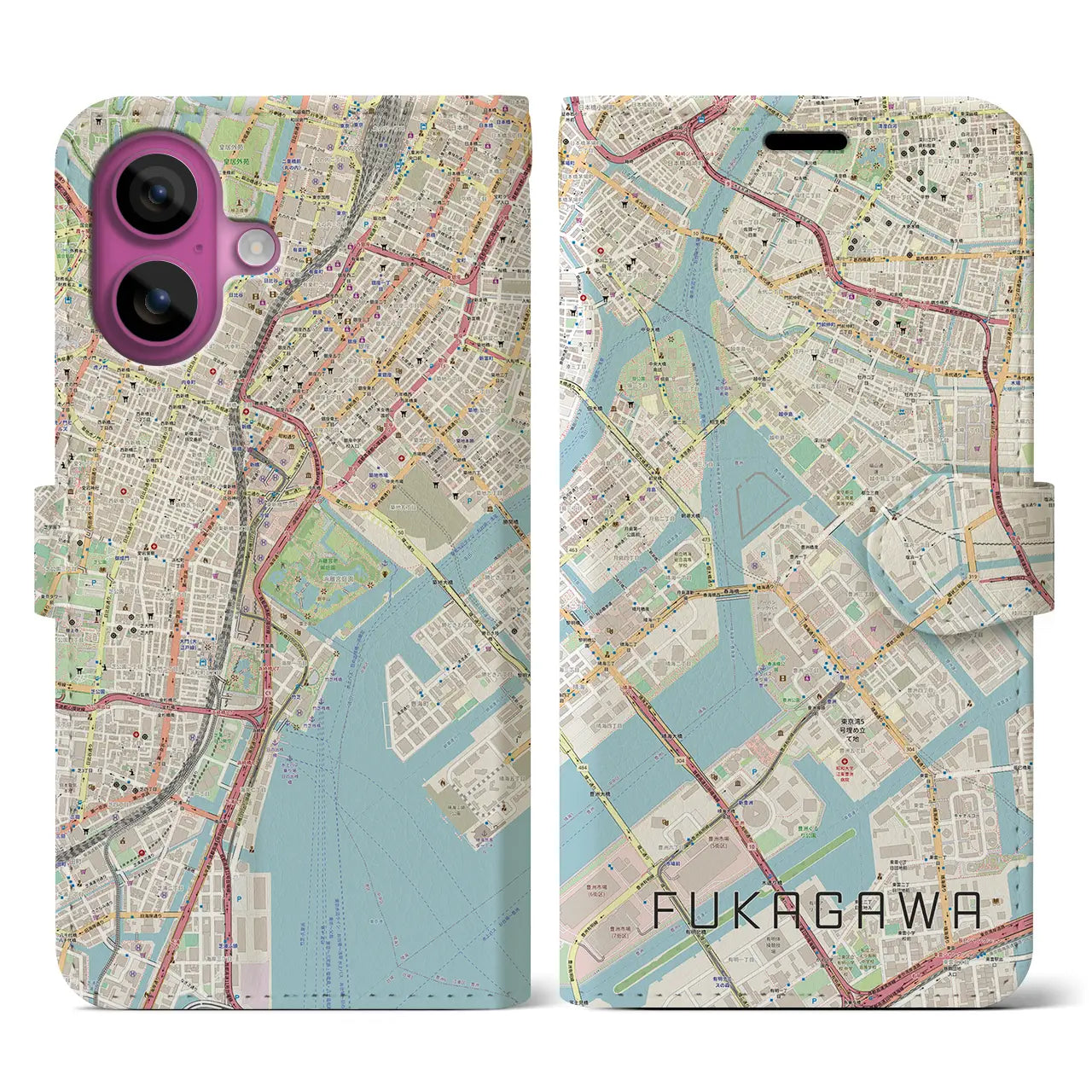 【深川（東京都）】地図柄iPhoneケース（手帳タイプ）ナチュラル・iPhone 16 Pro 用