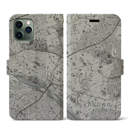 【深沢（東京都）】地図柄iPhoneケース（手帳タイプ）モノトーン・iPhone 11 Pro 用