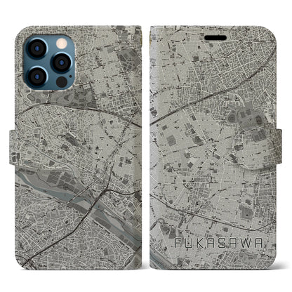 【深沢（東京都）】地図柄iPhoneケース（手帳タイプ）モノトーン・iPhone 12 / 12 Pro 用