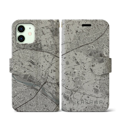 【深沢（東京都）】地図柄iPhoneケース（手帳タイプ）モノトーン・iPhone 12 mini 用