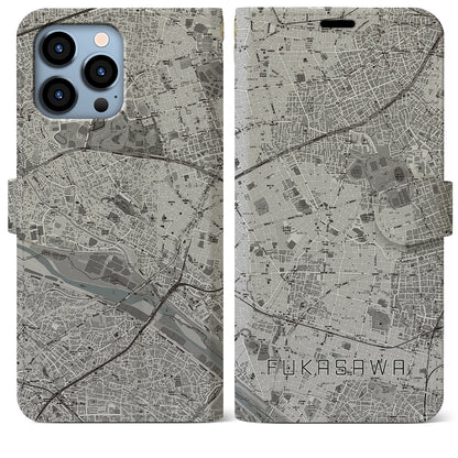 【深沢（東京都）】地図柄iPhoneケース（手帳タイプ）モノトーン・iPhone 13 Pro Max 用