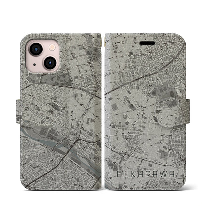 【深沢（東京都）】地図柄iPhoneケース（手帳タイプ）モノトーン・iPhone 13 mini 用