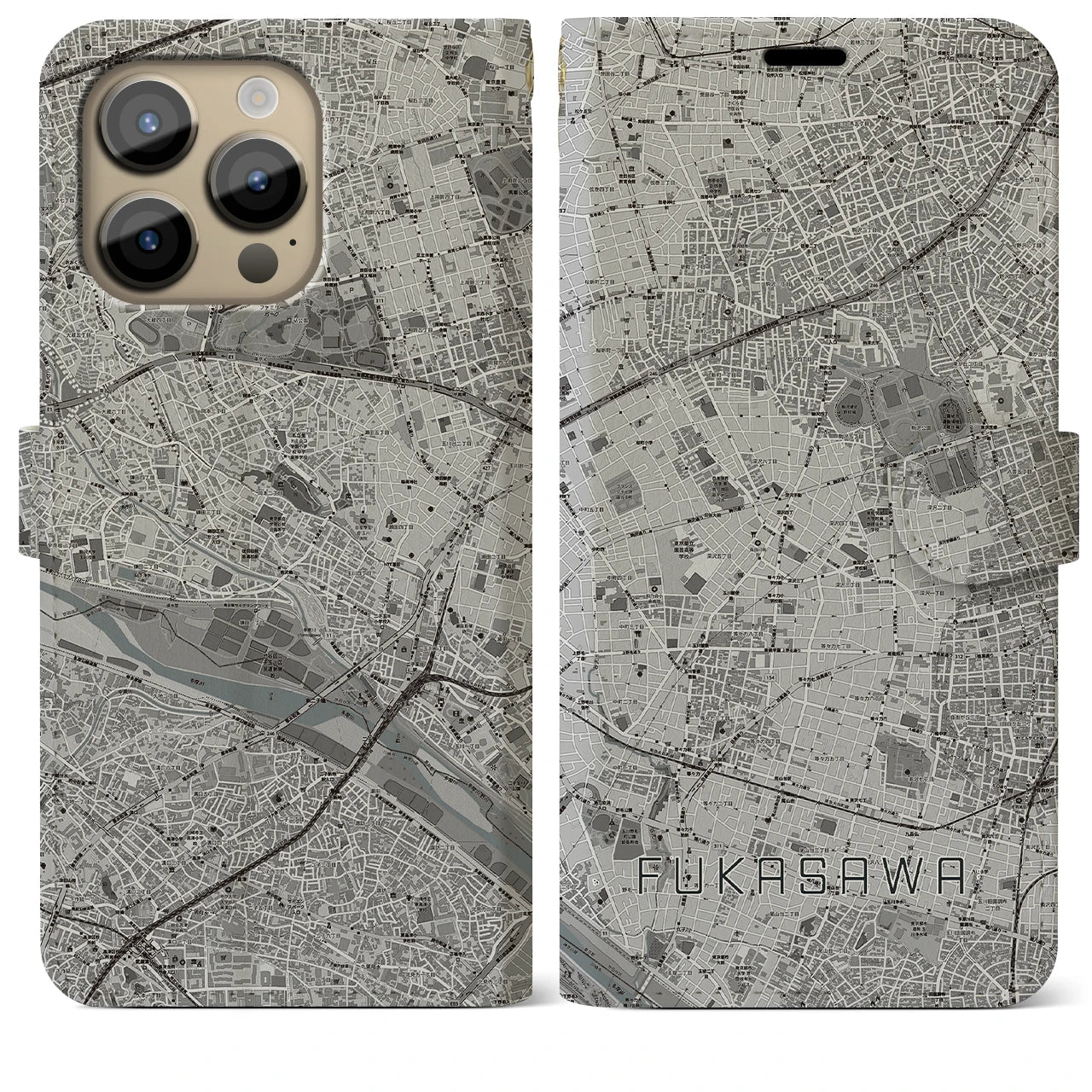 【深沢】地図柄iPhoneケース（手帳両面タイプ・モノトーン）iPhone 14 Pro Max 用