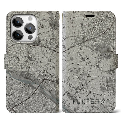 【深沢（東京都）】地図柄iPhoneケース（手帳タイプ）モノトーン・iPhone 14 Pro 用