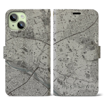 【深沢（東京都）】地図柄iPhoneケース（手帳タイプ）モノトーン・iPhone 15 用