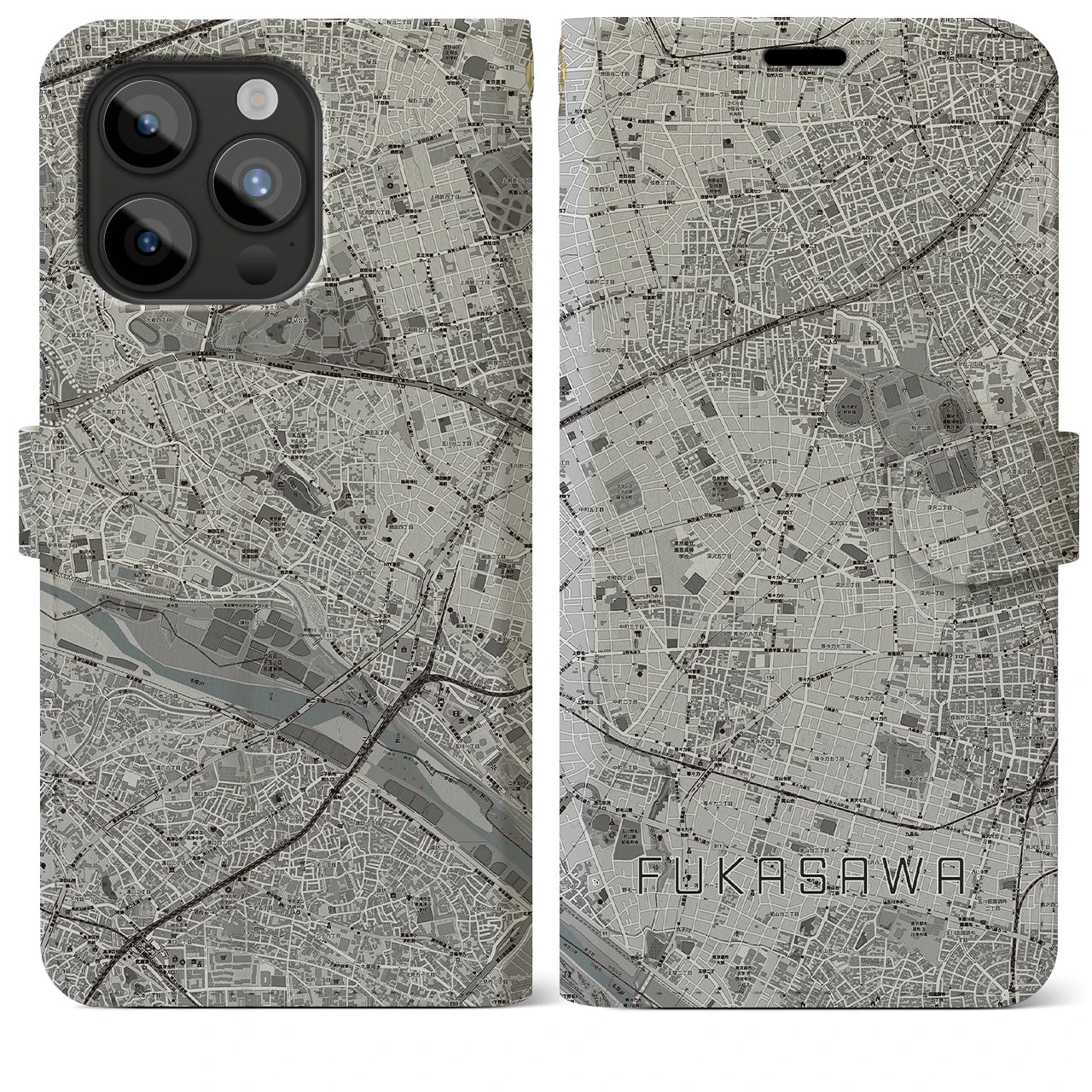 【深沢】地図柄iPhoneケース（手帳両面タイプ・モノトーン）iPhone 15 Pro Max 用