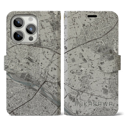 【深沢（東京都）】地図柄iPhoneケース（手帳タイプ）モノトーン・iPhone 15 Pro 用