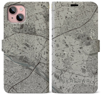 【深沢（東京都）】地図柄iPhoneケース（手帳タイプ）モノトーン・iPhone 15 Plus 用