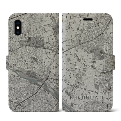 【深沢（東京都）】地図柄iPhoneケース（手帳タイプ）モノトーン・iPhone XS / X 用