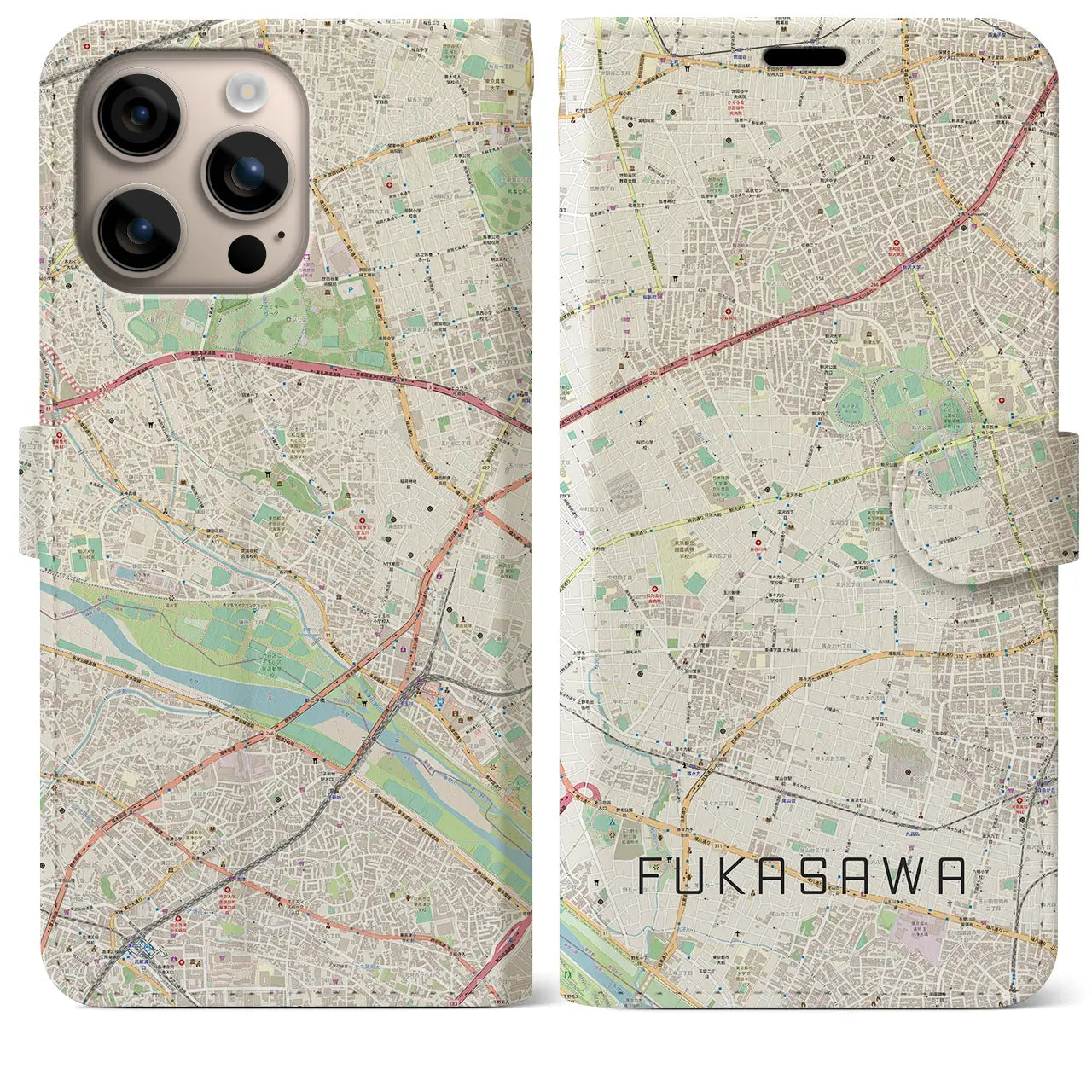 【深沢（東京都）】地図柄iPhoneケース（手帳タイプ）ナチュラル・iPhone 16 Plus 用