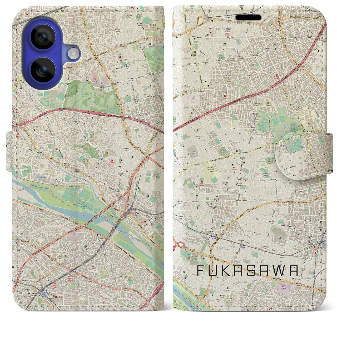 【深沢（東京都）】地図柄iPhoneケース（手帳タイプ）ナチュラル・iPhone 16 Pro Max 用