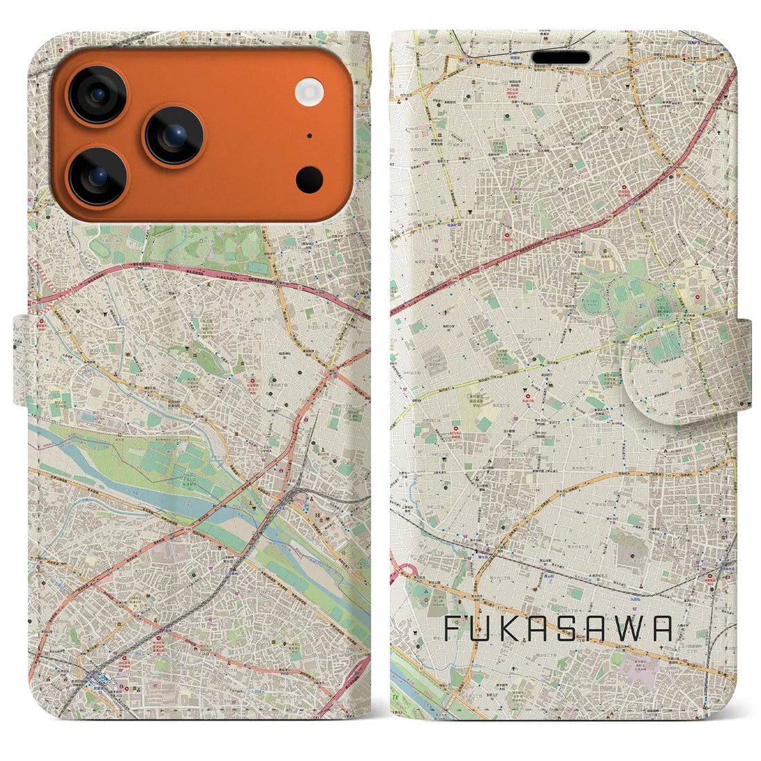 【深沢（東京都）】地図柄iPhoneケース（手帳タイプ）モノトーン・iPhone 17 Pro Max 用