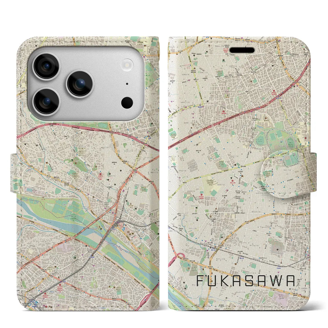 【深沢（東京都）】地図柄iPhoneケース（手帳タイプ）ナチュラル・iPhone 17 Pro Max 用
