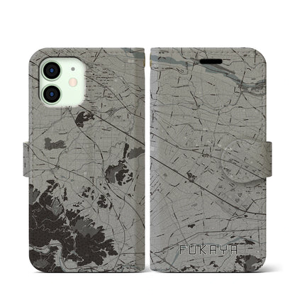 【深谷（埼玉県）】地図柄iPhoneケース（手帳タイプ）モノトーン・iPhone 12 mini 用