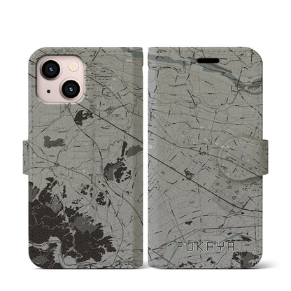 【深谷（埼玉県）】地図柄iPhoneケース（手帳タイプ）モノトーン・iPhone 13 mini 用