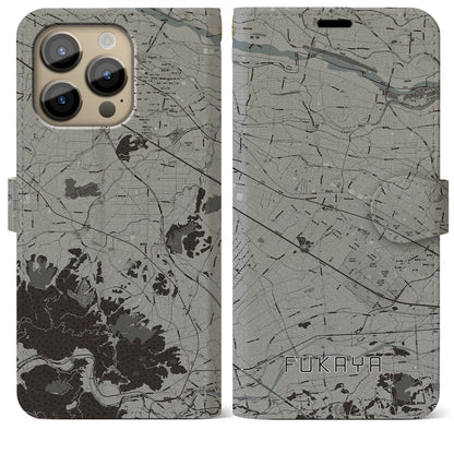 【深谷（埼玉県）】地図柄iPhoneケース（手帳タイプ）モノトーン・iPhone 14 Pro Max 用