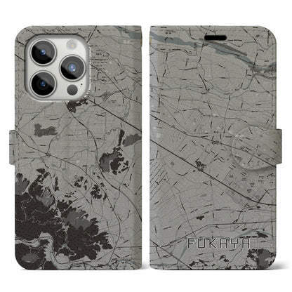 【深谷（埼玉県）】地図柄iPhoneケース（手帳タイプ）モノトーン・iPhone 15 Pro 用