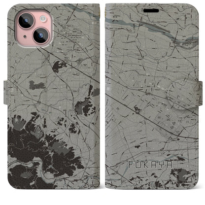 【深谷（埼玉県）】地図柄iPhoneケース（手帳タイプ）モノトーン・iPhone 15 Plus 用