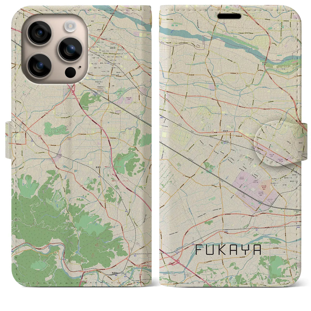 【深谷（埼玉県）】地図柄iPhoneケース（手帳タイプ）ナチュラル・iPhone 16 Plus 用