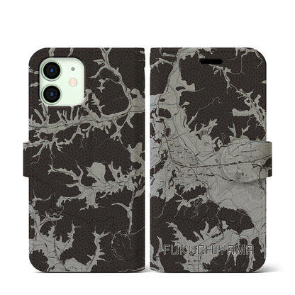 【福知山（京都府）】地図柄iPhoneケース（手帳タイプ）モノトーン・iPhone 12 mini 用
