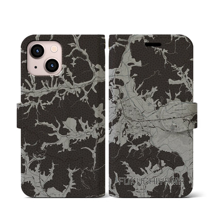 【福知山（京都府）】地図柄iPhoneケース（手帳タイプ）モノトーン・iPhone 13 mini 用
