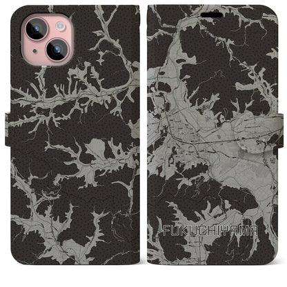 【福知山（京都府）】地図柄iPhoneケース（手帳タイプ）モノトーン・iPhone 15 Plus 用