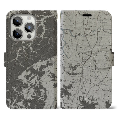 【福井（福井県）】地図柄iPhoneケース（手帳タイプ）モノトーン・iPhone 15 Pro 用