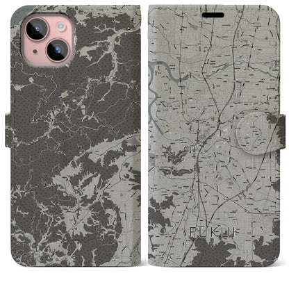 【福井（福井県）】地図柄iPhoneケース（手帳タイプ）モノトーン・iPhone 15 Plus 用