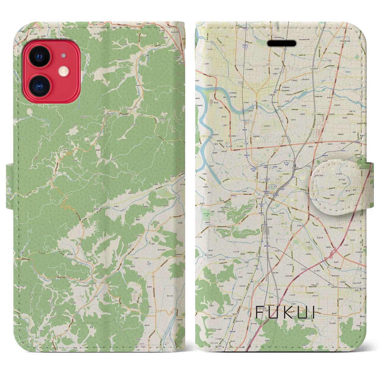 【福井】地図柄iPhoneケース（手帳両面タイプ・ナチュラル）iPhone 11 用