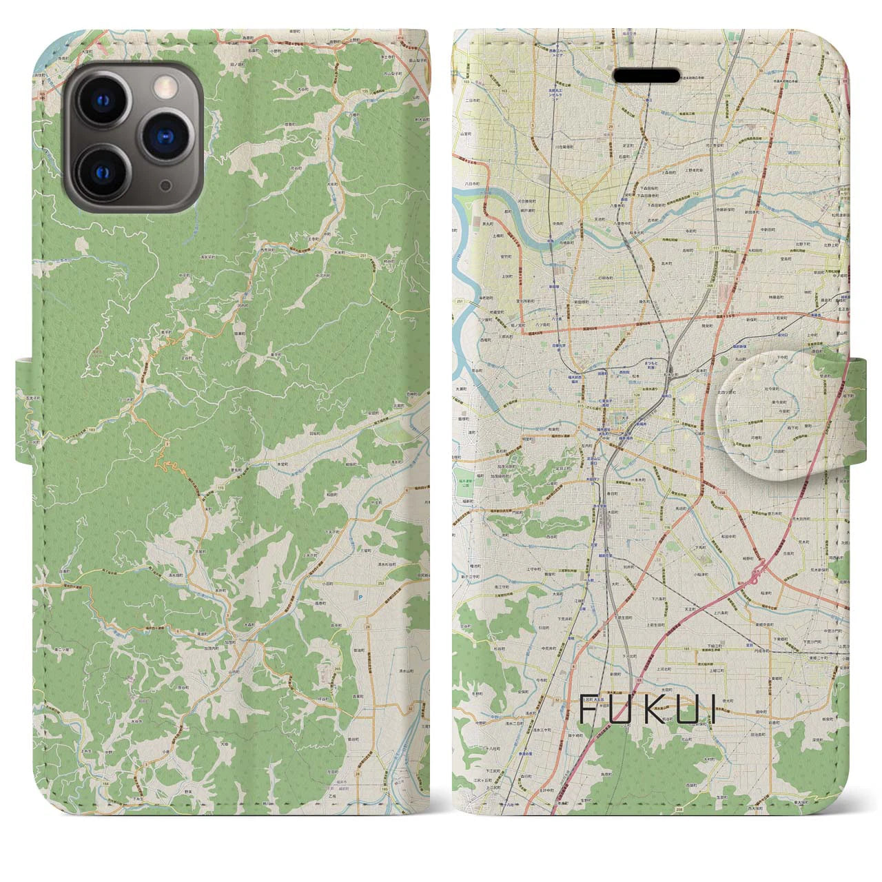 【福井】地図柄iPhoneケース（手帳両面タイプ・ナチュラル）iPhone 11 Pro Max 用