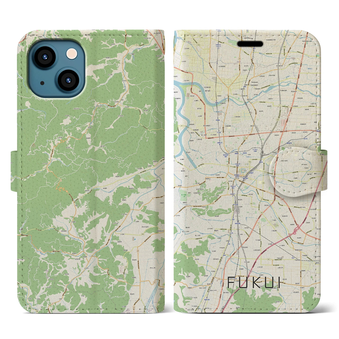 【福井】地図柄iPhoneケース（手帳両面タイプ・ナチュラル）iPhone 13 用