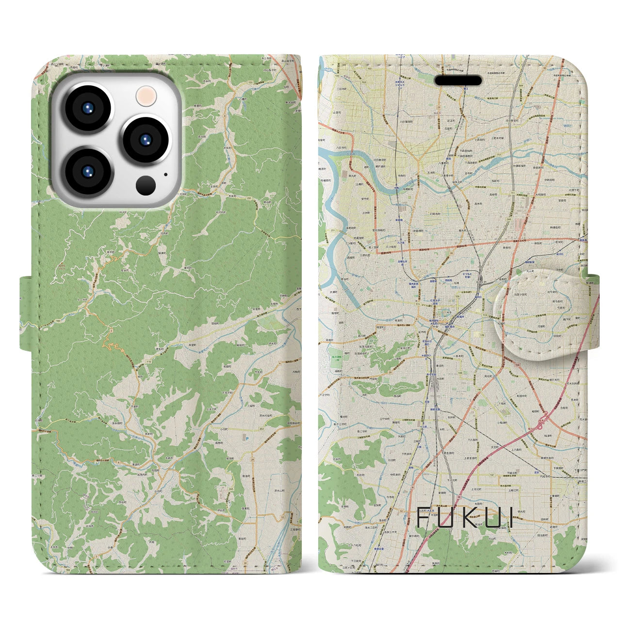【福井】地図柄iPhoneケース（手帳両面タイプ・ナチュラル）iPhone 13 Pro 用