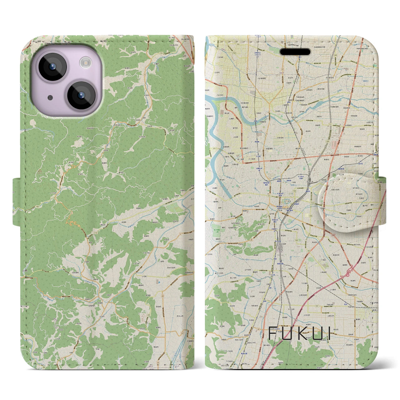 【福井】地図柄iPhoneケース（手帳両面タイプ・ナチュラル）iPhone 14 用