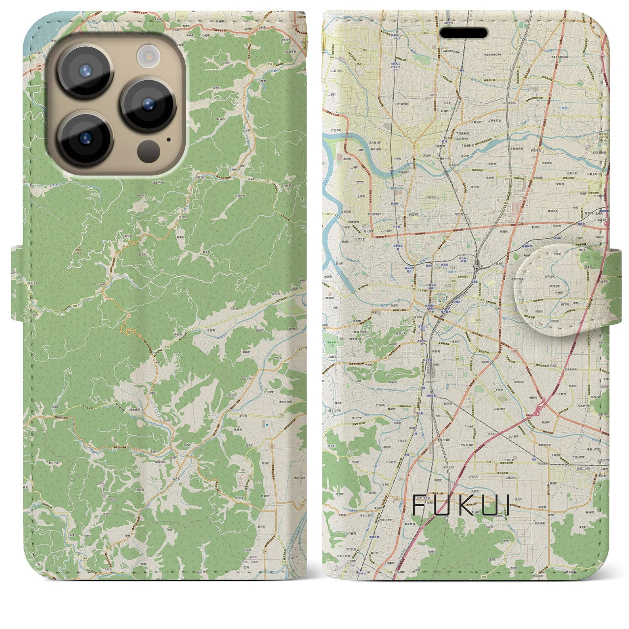 【福井】地図柄iPhoneケース（手帳両面タイプ・ナチュラル）iPhone 14 Pro Max 用