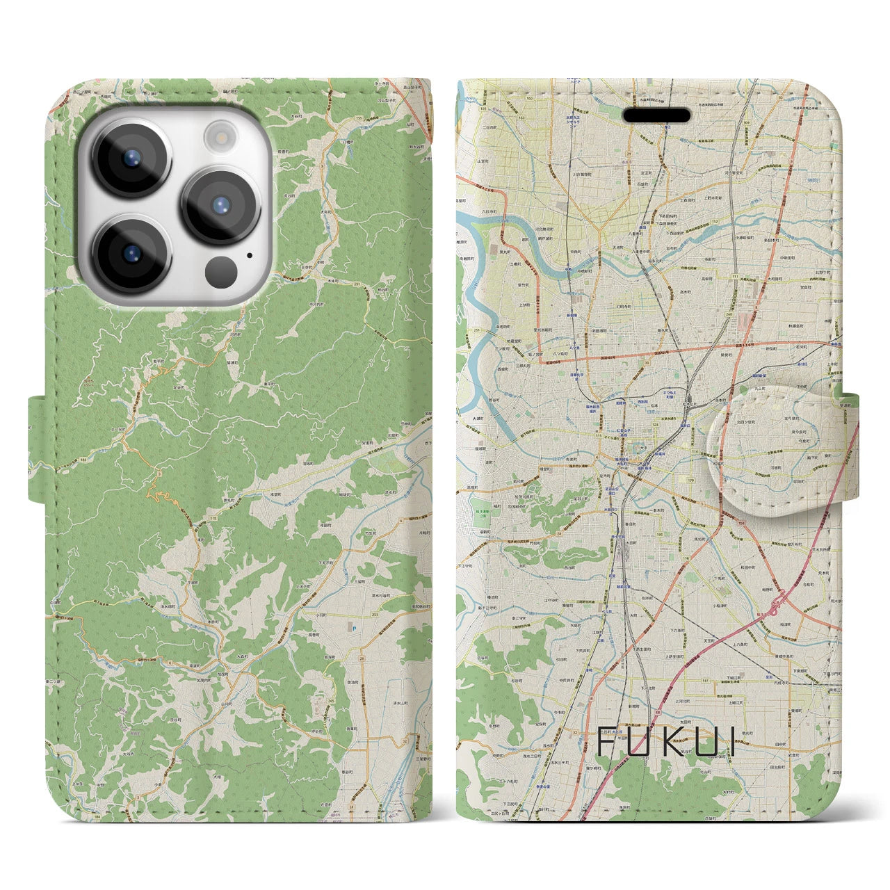【福井】地図柄iPhoneケース（手帳両面タイプ・ナチュラル）iPhone 14 Pro 用