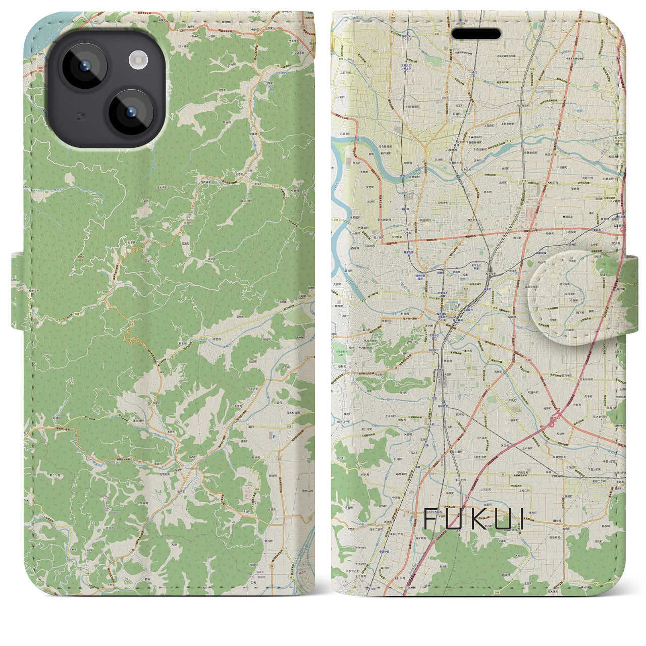 【福井】地図柄iPhoneケース（手帳両面タイプ・ナチュラル）iPhone 14 Plus 用